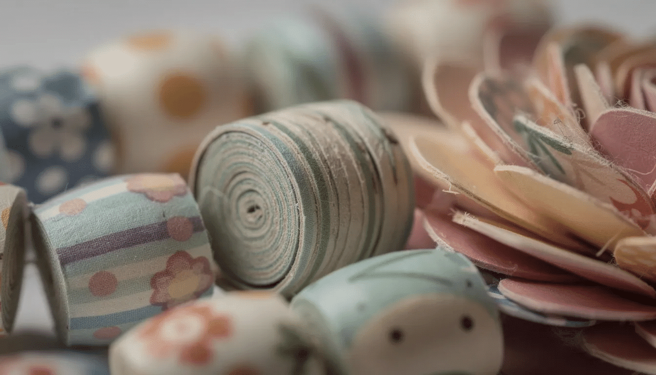 A close-up macro photograph reveals the intricate texture of rolled paper beads, showcasing a variety of patterns alongside delicate layered paper flower petals, perfect for inspiring paper crafts and DIY projects. The vibrant colors and unique designs highlight the beauty and creativity found in easy paper crafts.