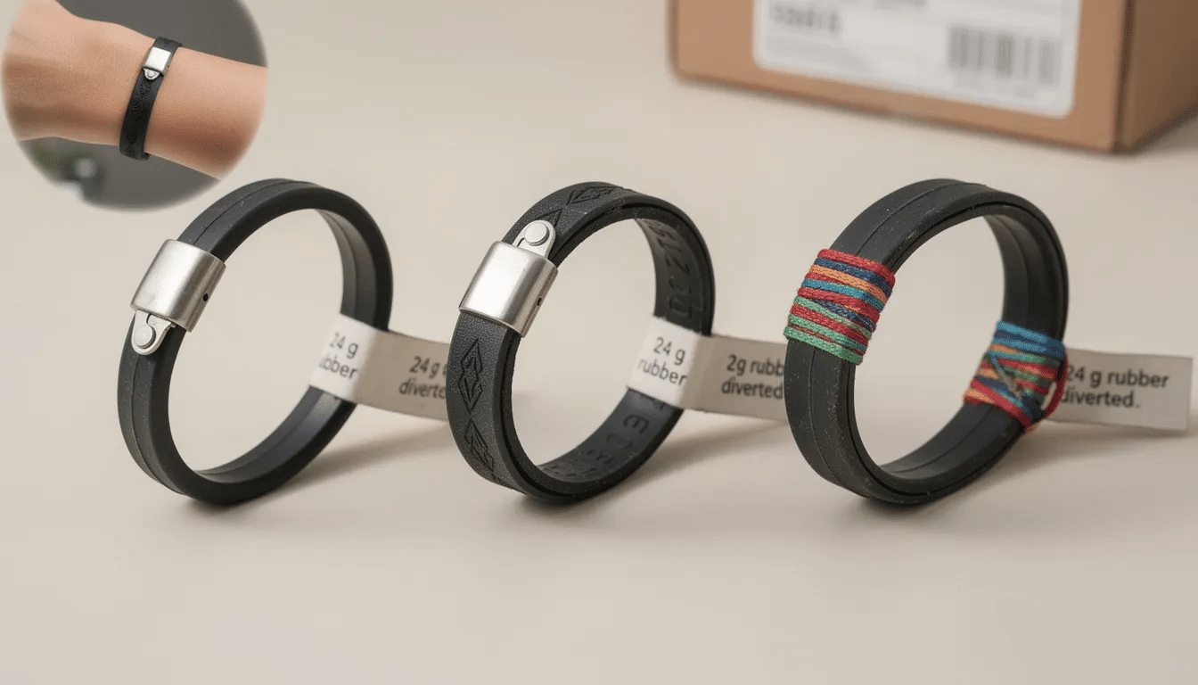This image features a stylish unisex bracelet made from a single loop of bike tube, showcasing its durable, water-resistant design and stainless steel clasp. Available in various options, including plain black and heat-stamped patterns, it promotes creativity and sustainability by diverting rubber from landfills.