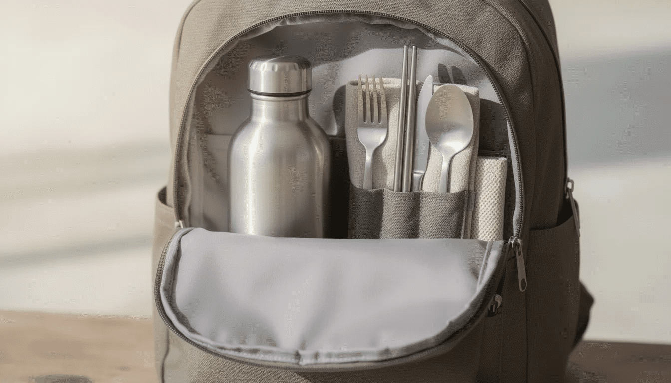bb994ce0-6e2d-4251-8ed6-a2d2827f5132 The image features a travel kit stored in a backpack pocket, showcasing eco-friendly products including a reusable stainless steel water bottle, a durable steel cutlery set, and a cloth napkin. This setup emphasizes a sustainable lifestyle by reducing single-use plastic waste and promoting environmentally conscious travel.