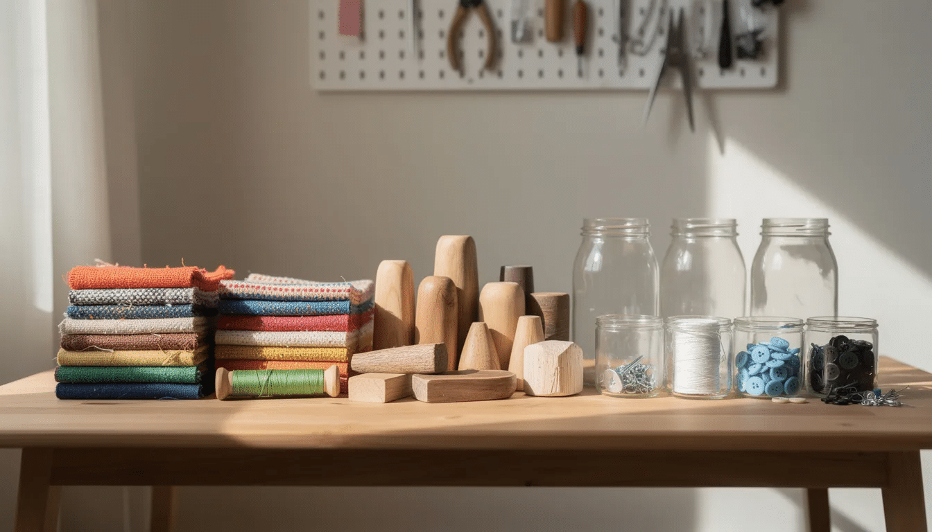 bc32980f-1fe4-46f8-b775-3ba539544dfb The image depicts a simple workspace featuring various upcycling materials, including colorful fabric scraps, wooden pieces, and glass jars, all neatly arranged to encourage the reuse of materials and reduce waste. This organized setup reflects a commitment to recycling and upcycling, making a positive impact on the environment.