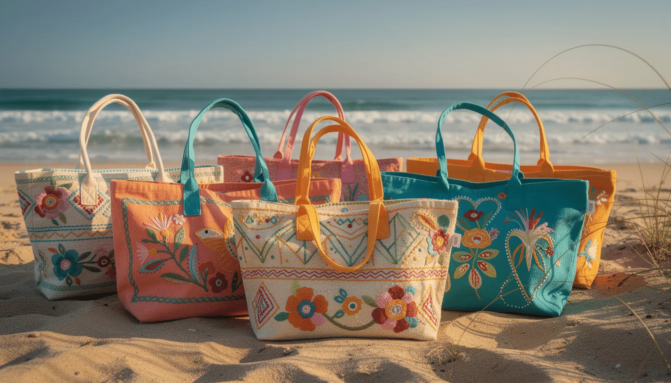 A vibrant collection of colorful embroidered beach tote bags is displayed on a sandy beach, with the ocean waves gently lapping in the background. These personalized beach bags, perfect for carrying items to the pool or beach, showcase unique designs and quality embroidery, making them an ideal gift for fun summer outings.