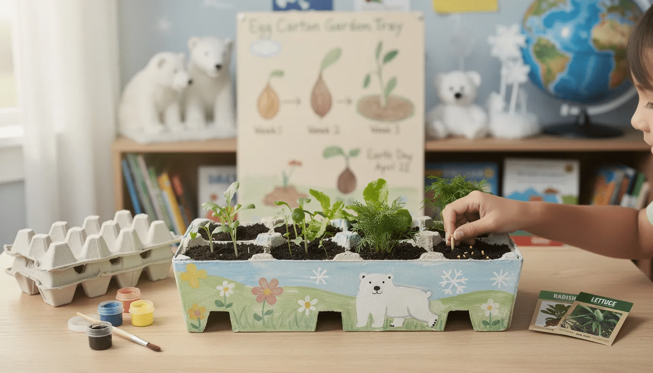 bc7f47d3-e353-4256-ad3b-9430e0e0ba3f The image depicts a colorful egg carton garden tray, where a 12-cup section of an egg carton is painted and filled with soil, ready for planting fast-growing seeds like radish and lettuce. This creative upcycling project for students serves as a fun and educational science experiment to track plant growth over several weeks, perfect for celebrating Earth Day.