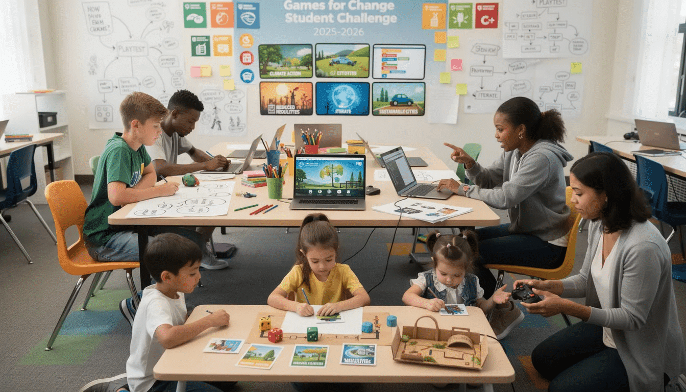 The image depicts a vibrant classroom scene where students are actively engaged in game design, collaborating in groups to create educational games that address real-world issues like climate action. The atmosphere is filled with creativity and excitement as kids explore technology and problem-solving skills, embodying the spirit of learning through play and innovation.