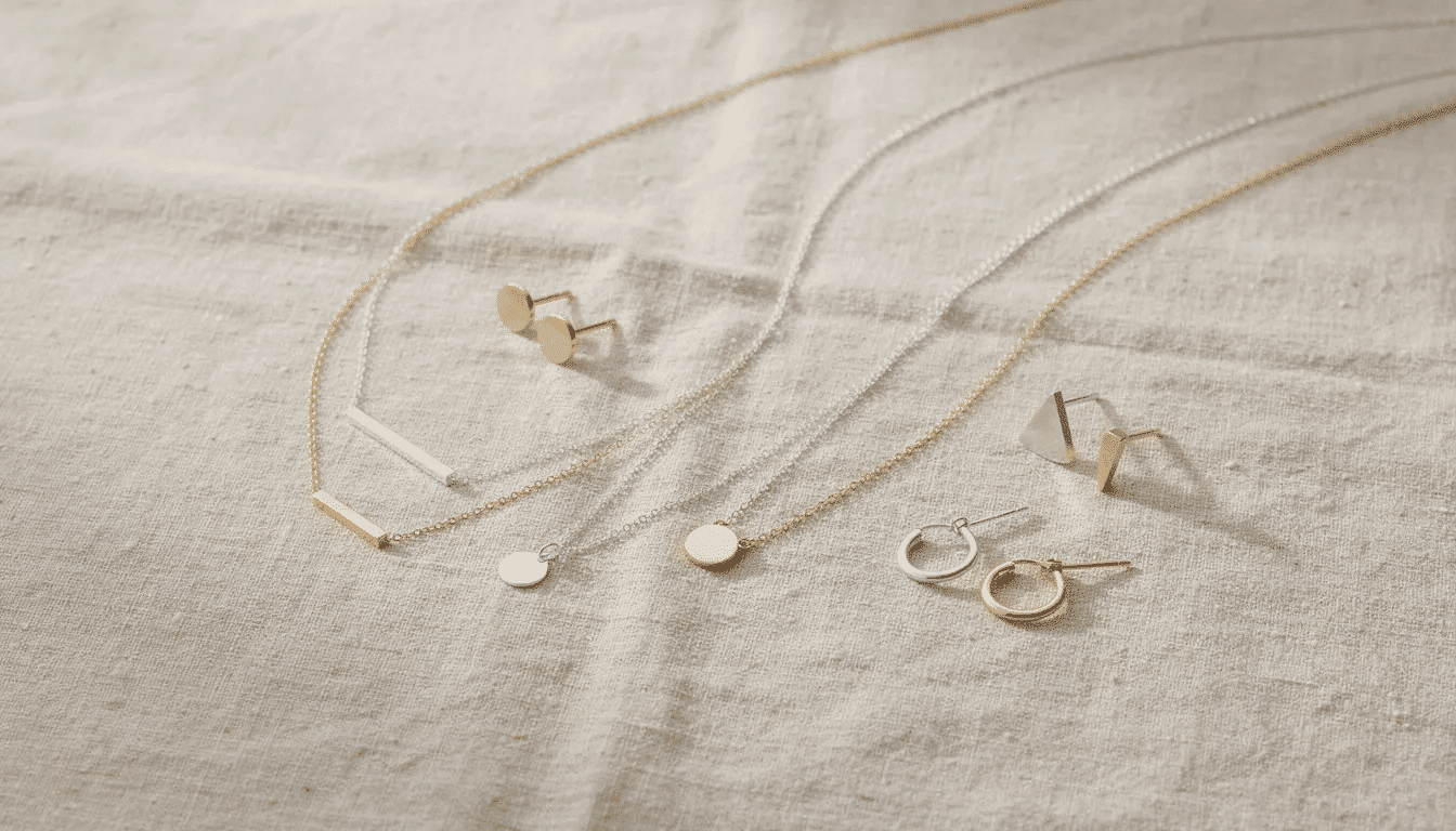 A beautifully arranged display of handmade minimalist jewelry pieces, including delicate necklaces and earrings, is set on a natural linen surface, showcasing the craftsmanship of these unique items perfect for an online store or craft fairs. This elegant presentation highlights the quality and artistic appeal of handmade goods, inviting customers to explore and purchase these distinctive accessories.