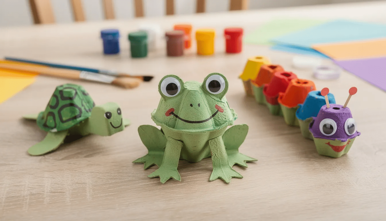 The image features several colorful egg carton animals, including a frog, turtle, and caterpillar, creatively arranged on a wooden table. Each adorable creature is made from recycled egg cartons and embellished with acrylic paint, googly eyes, and craft foam, showcasing a fun and imaginative art project for kids.