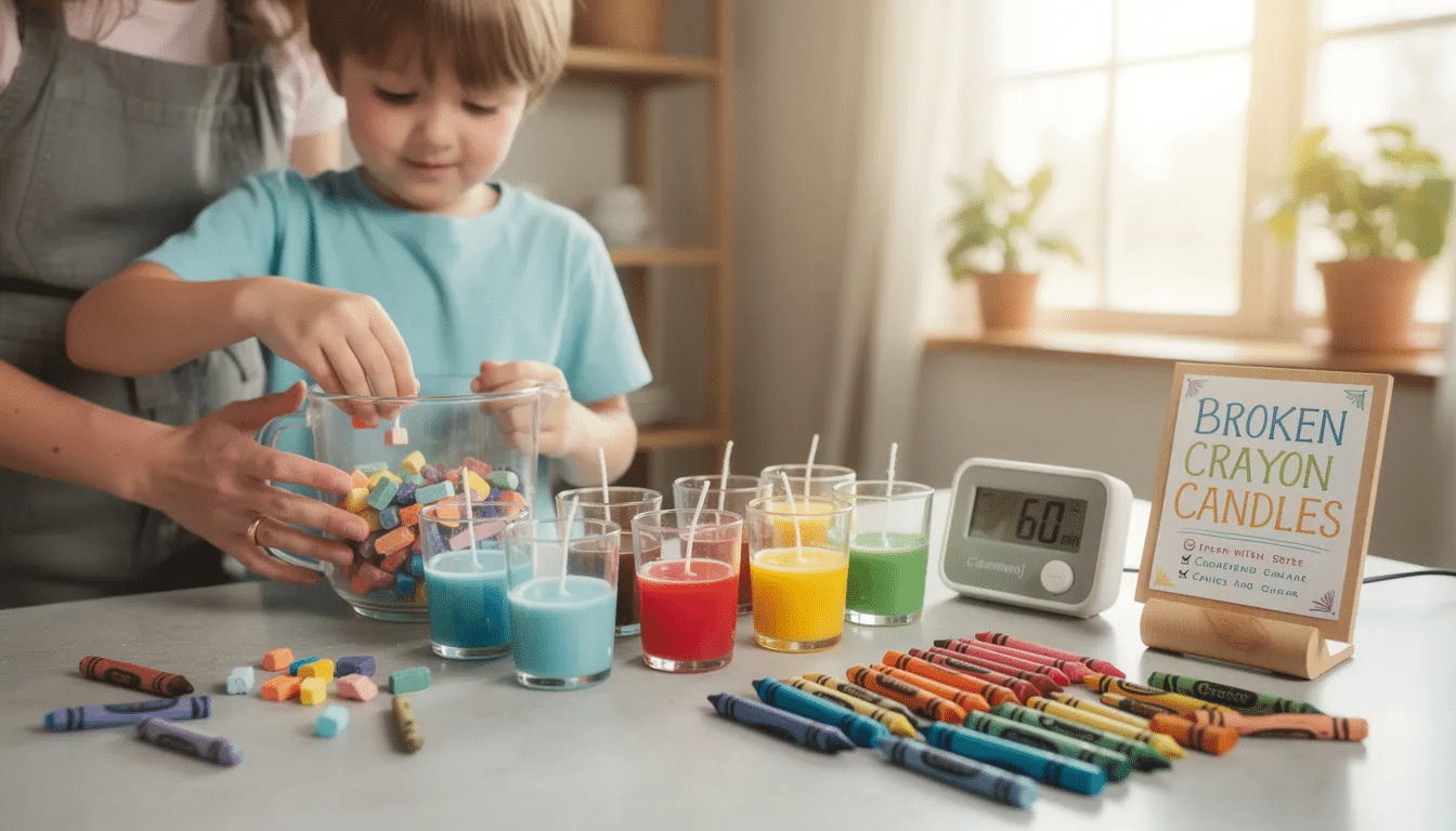 The image shows colorful broken crayon candles crafted by melting crayon pieces into containers with wicks, creating beautiful items for home decor. This fun and kid-friendly upcycling project transforms old materials into vibrant, scented candles perfect for any room.