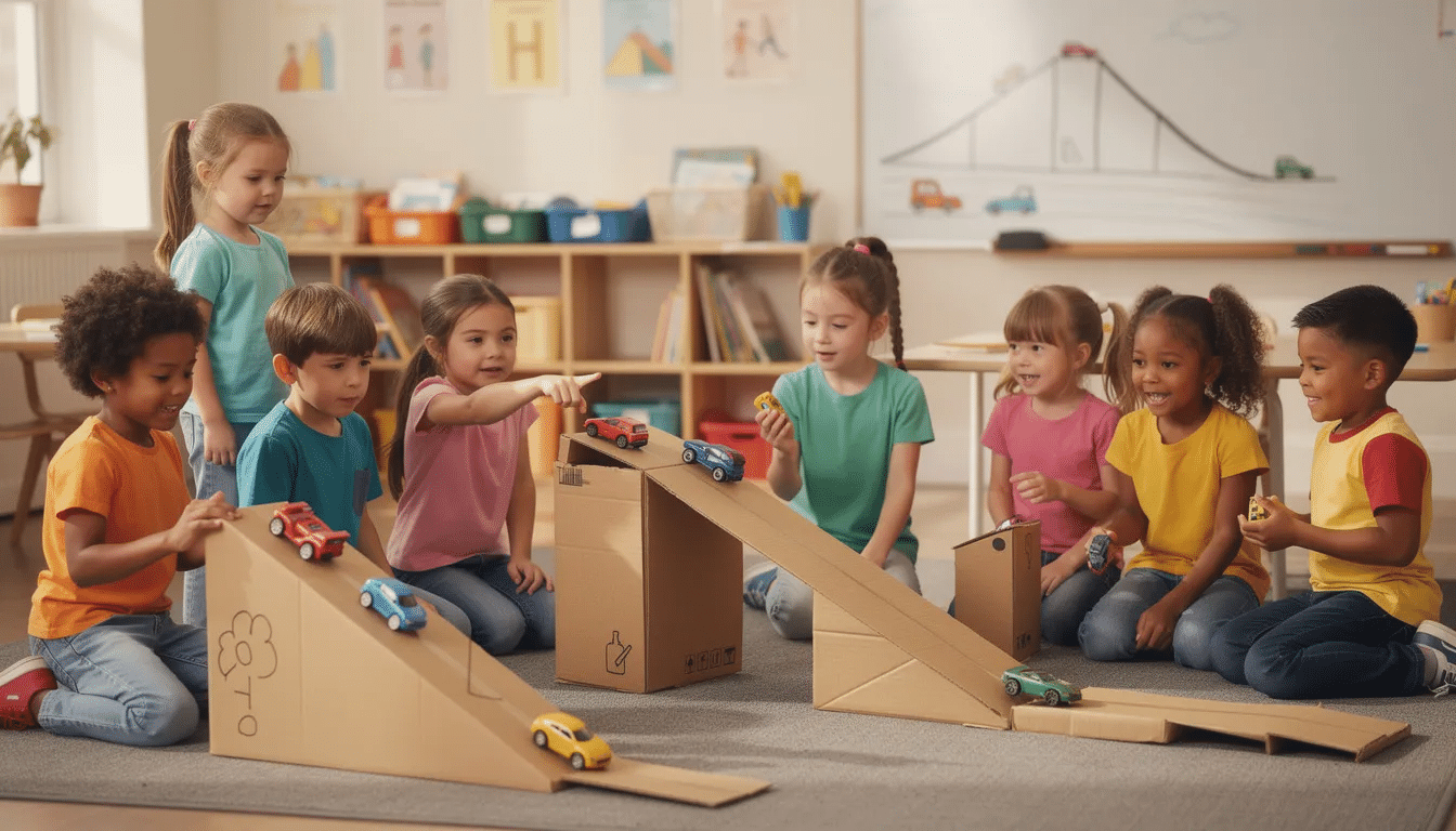 A group of young children play together in a classroom, racing toy cars down ramps made from cardboard. They smile and laugh, surrounded by shelves, books, and colorful decorations on the walls. In a vibrant classroom, young children are engaged in preschool science activities as they roll toy cars down cardboard ramps of varying heights, exploring basic science concepts like gravity and incline. This hands-on experiment fosters critical thinking and encourages their natural curiosity about how different slopes affect the speed of the cars.