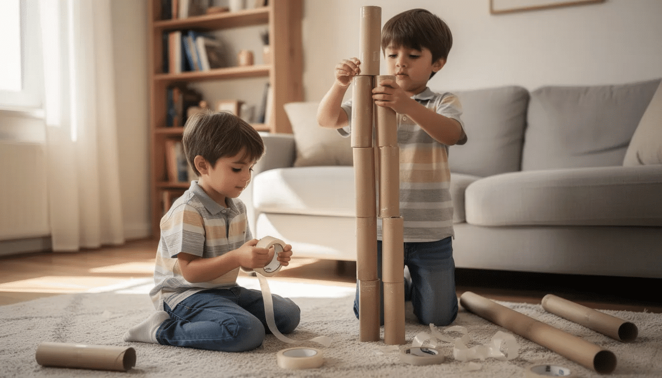 c2cae63c-7304-4f05-adc7-6d1f7f3a4a4b Two children are engaged in a hands-on STEM activity, building a tall structure using cardboard tubes and tape in their living room, exploring engineering concepts and encouraging creativity through the use of household materials. This fun project promotes critical thinking and allows them to experiment with different designs and structures.