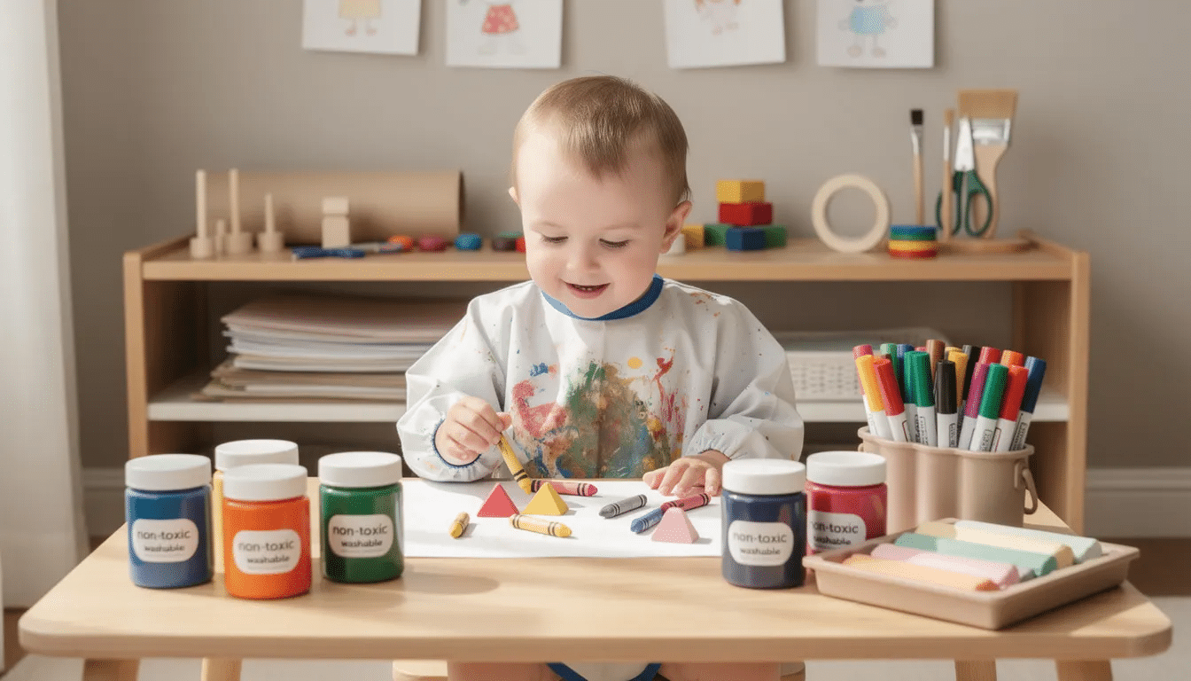 The image showcases a variety of baby art supplies arranged on a table, including vibrant colors of finger paint, washable markers, and non-toxic crayons, perfect for encouraging creativity in 18-month-olds. These art materials are designed for little hands, promoting fun art activities that help develop fine motor skills and hand-eye coordination.