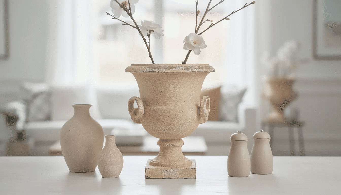 The image showcases a beautifully transformed 1990s resin decorative urn, now painted and aged to create a modern centerpiece, accompanied by coordinating thrift store finds like salt and pepper shakers and small vases. This upcycled home decor project highlights the charm and endless possibilities of repurposing vintage items into stylish pieces for any home.