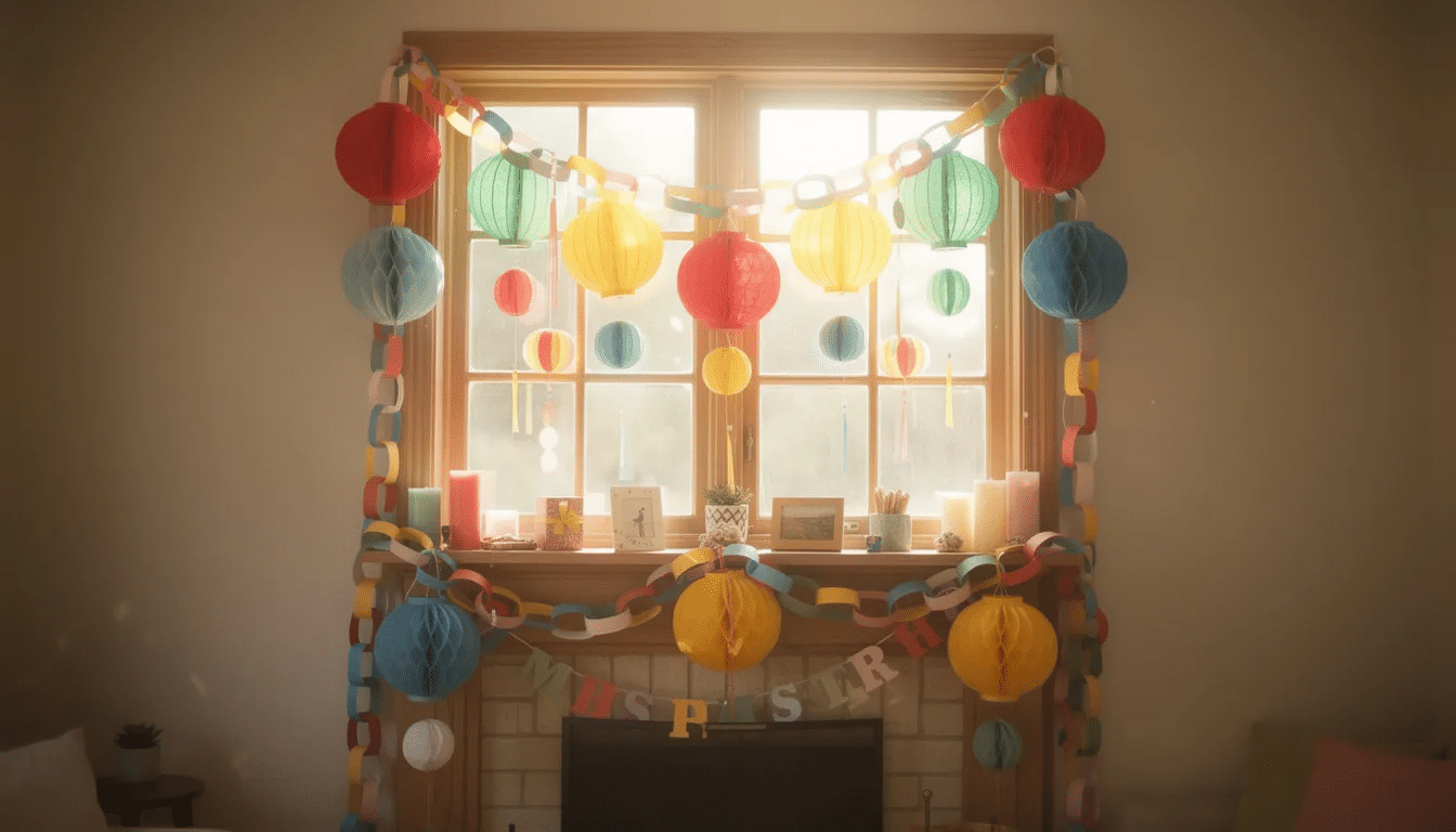 The image features a cozy window and fireplace mantel adorned with vibrant paper lanterns and decorative chains, all illuminated by warm natural light, creating a cheerful and inviting atmosphere. This colorful display showcases the beauty of paper crafts, perfect for adding a touch of creativity to any space.