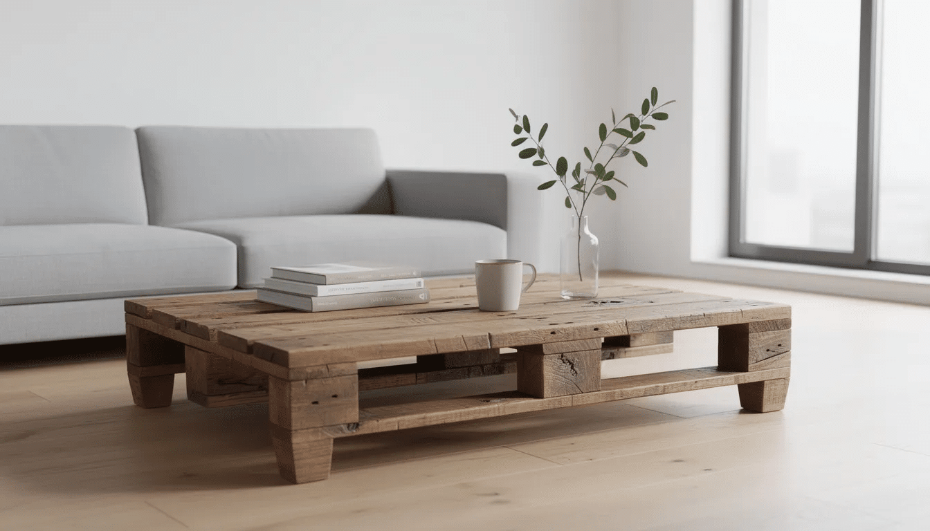 c5a1aa7c-2cc7-455b-b6b1-02b6e186e627 The image features a rustic coffee table crafted from reclaimed wooden pallets, set in a minimalist living room that emphasizes the beauty of reuse materials and upcycling. This eco-friendly design highlights the impact of recycling and reducing waste in a stylish home environment.