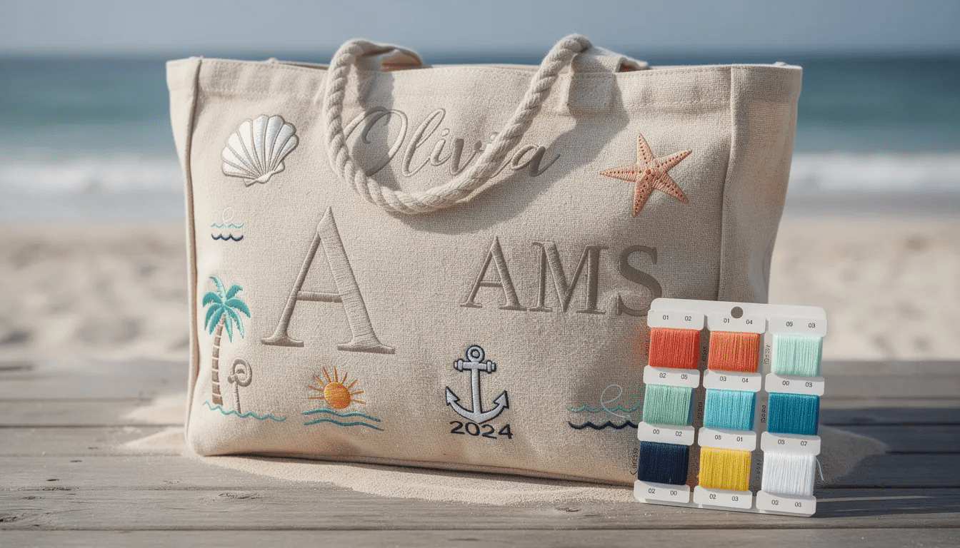 The image showcases a personalized beach bag featuring custom embroidery, displaying a vibrant design with motifs like shells and palm trees. The bag is designed to reflect individual style, making it an ideal accessory for summer trips to the beach or pool.