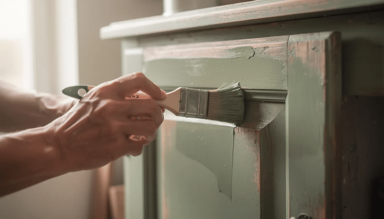 cedf3420-43af-419e-89dd-acf71236ebf9 A pair of hands is holding a paintbrush, applying sage green paint to an old wooden cabinet door, showcasing a fun upcycling project that breathes new life into thrift store decor. This DIY endeavor highlights the creativity involved in transforming old items into beautiful home decor.