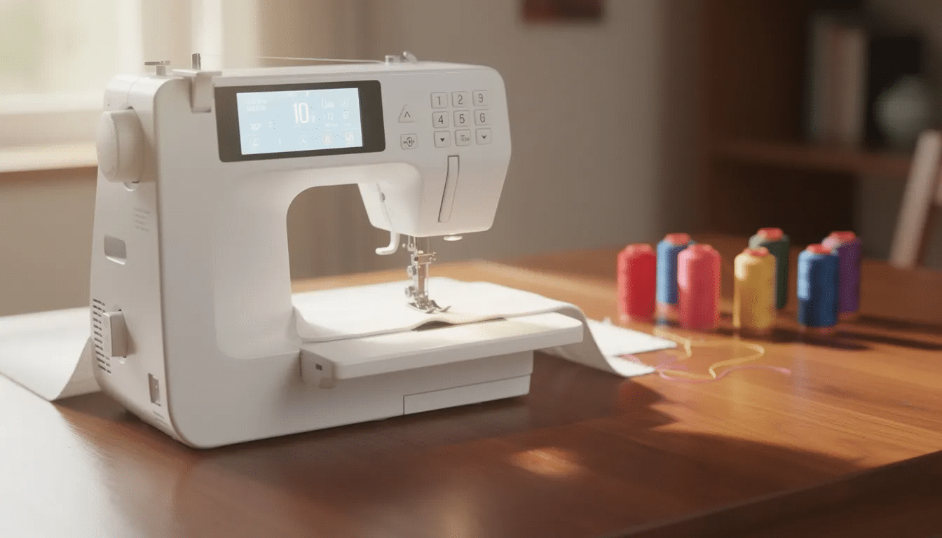 A close-up view of a white computerized sewing machine is shown on a wooden table, surrounded by colorful thread spools, highlighting its modern design and essential features for sewing enthusiasts. This versatile machine includes an automatic needle threader and is ideal for both beginners and experienced sewists looking to enhance their sewing experience.
