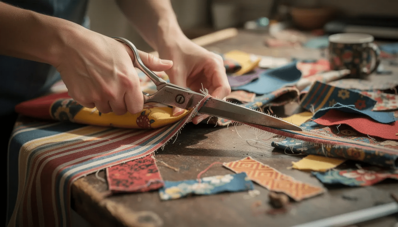 cf1d4a18-a1e6-4445-a701-29c67c68c1fc The image shows a pair of hands skillfully cutting colorful fabric scraps with large scissors on a wooden work table, highlighting the creative process of upcycling clothes into new clothing projects. Surrounding the workspace are various textile pieces, emphasizing the potential for sustainable fashion and innovative design ideas.
