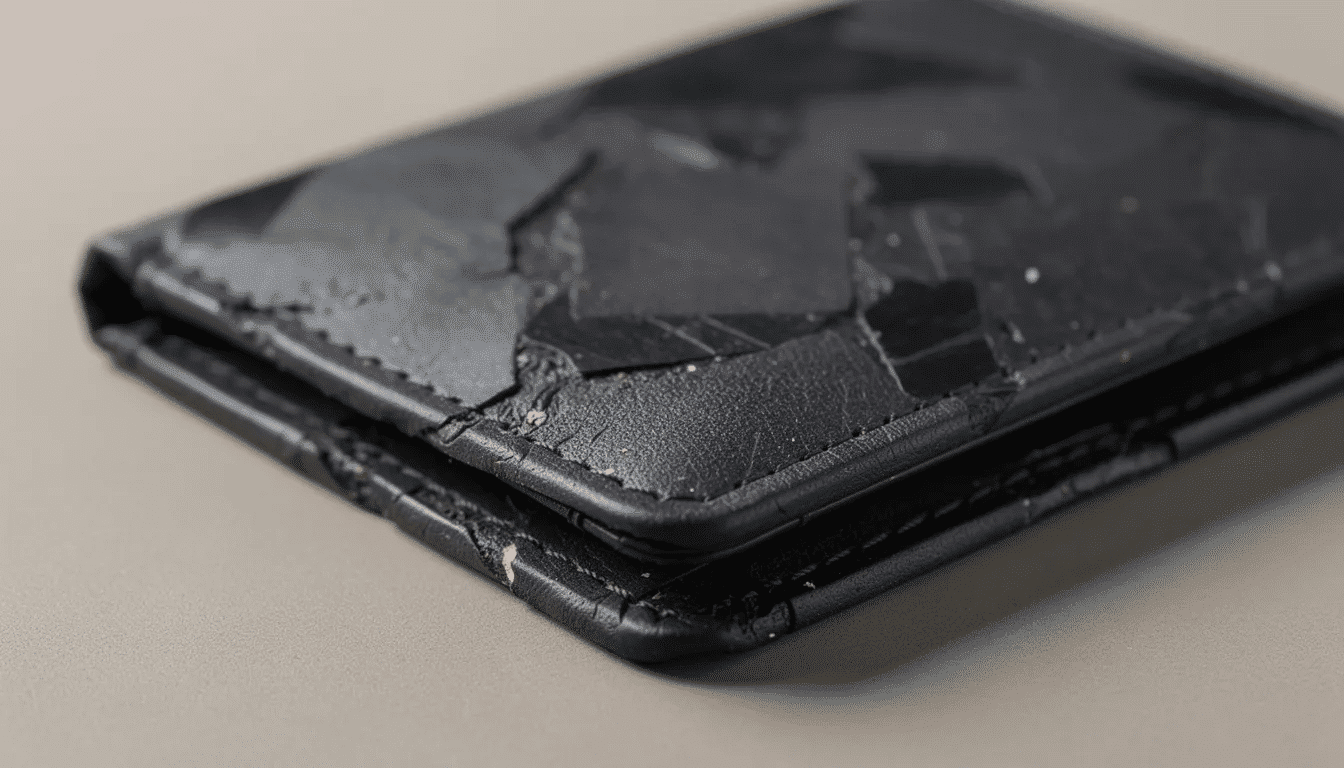 A close-up view of a black textured wallet made from recycled rubber showcases its natural grain and detailed stitching, highlighting the creative reuse of materials in sustainable fashion. This wallet represents a commitment to reducing waste and promoting creativity within the community.