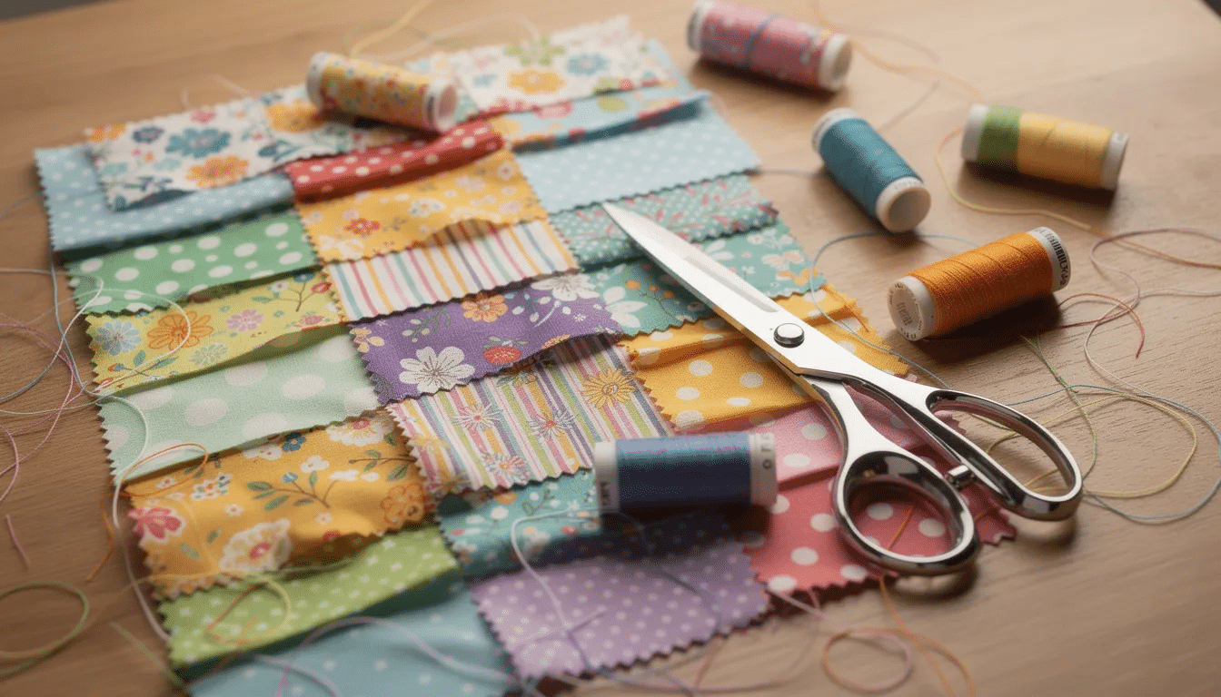 A vibrant assortment of fabric swatches, colorful thread spools, and sharp sewing scissors are neatly arranged on a craft table, creating an inviting workspace for sewing enthusiasts. This setting is perfect for beginners and experienced sewists alike, showcasing essential accessories for various sewing projects.