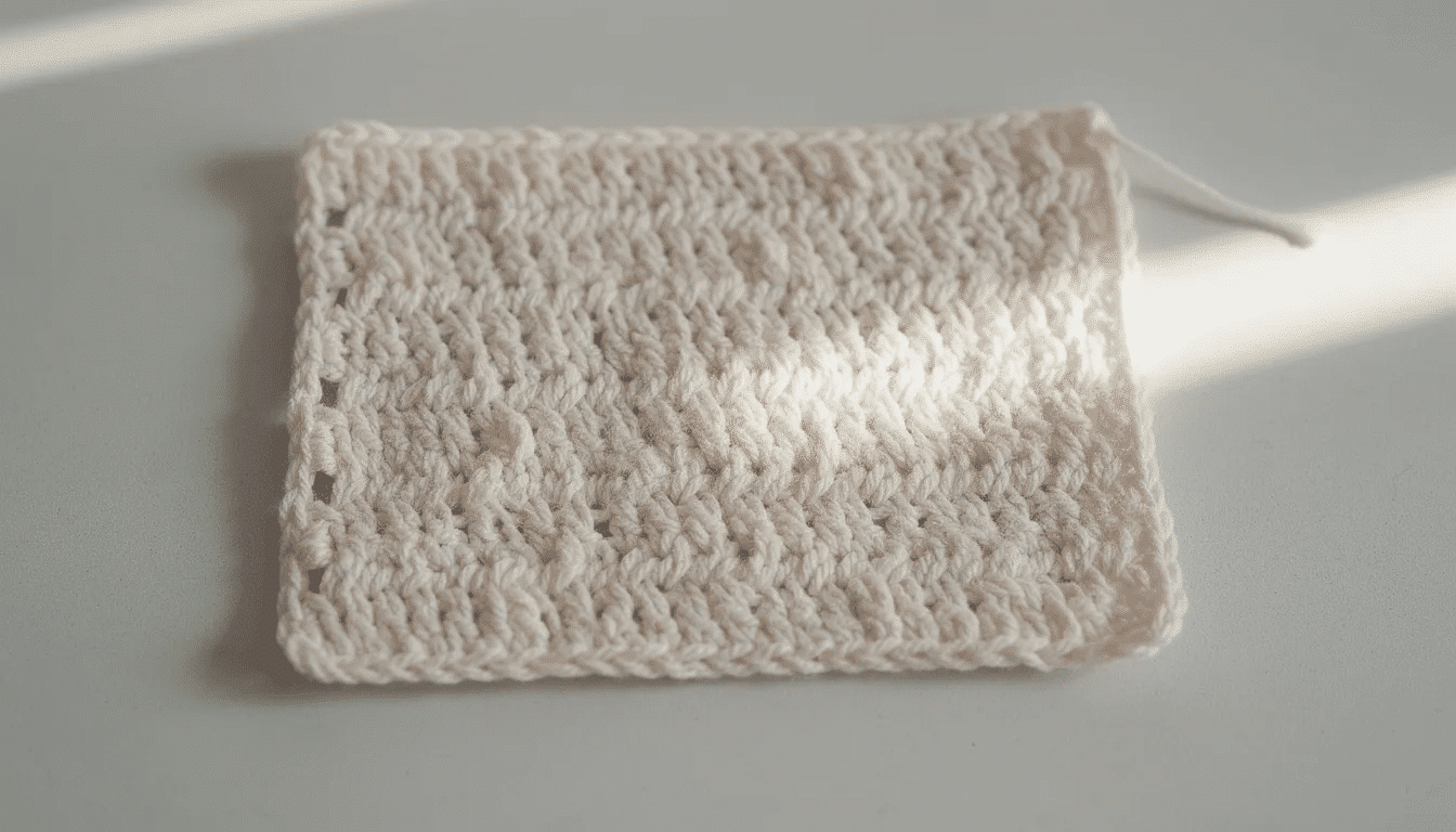 This image features a simple crochet swatch made with light-colored yarn, showcasing basic crochet stitches. It serves as a practical example for beginners looking to explore stitch patterns and enhance their skills in crochet.