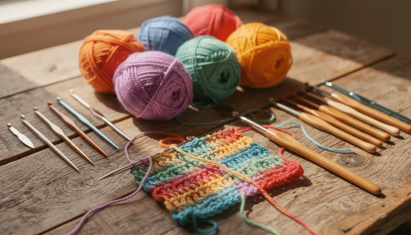 d4ad4e96-7a68-4799-8958-c1e49d626a86 The image features a vibrant assortment of yarn balls in various colors and sizes, accompanied by different sizes of crochet hooks, all arranged neatly on a wooden table. This setup provides inspiration for beginners learning basic crochet stitches and serves as a visual guide for teaching crochet techniques such as single crochet, double crochet, and treble crochet.
