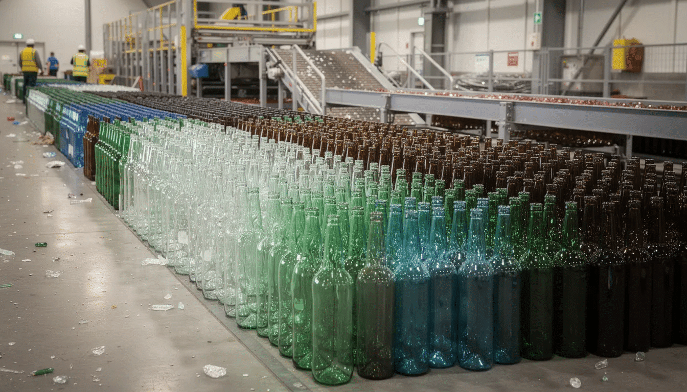 The image depicts sorted glass bottles in various colors at a recycling facility, showcasing the recycling process that collects and processes recyclable materials. This effort helps divert waste from landfills and supports recycling programs aimed at reducing greenhouse gas emissions and promoting renewable resources.