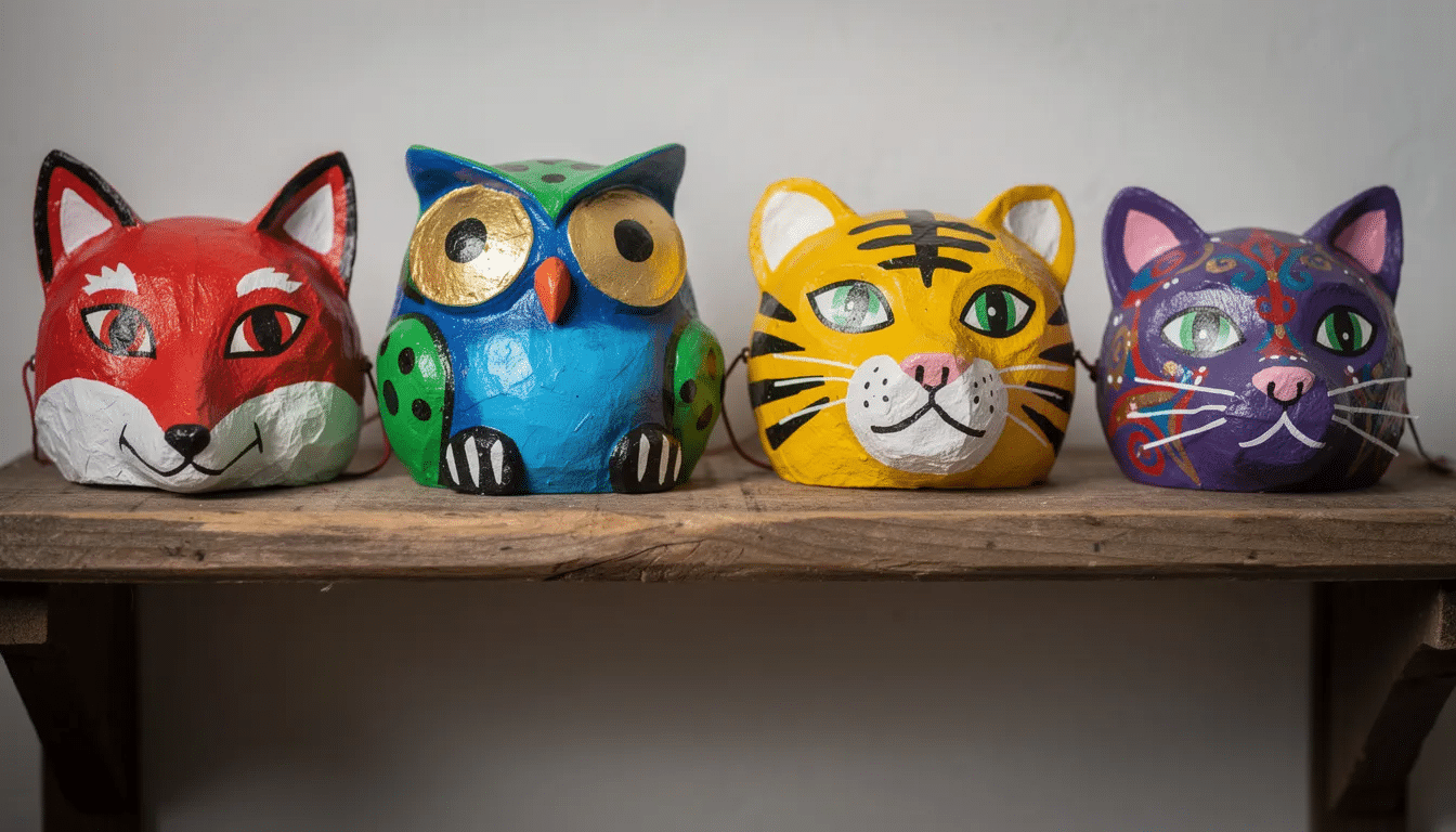 A collection of colorful painted paper mache masks in various animal shapes is displayed on a shelf, showcasing the vibrant use of acrylic paint and the creative possibilities of paper mache projects. These masks highlight the fun and artistic potential of using newspaper strips and liquid starch in crafting.