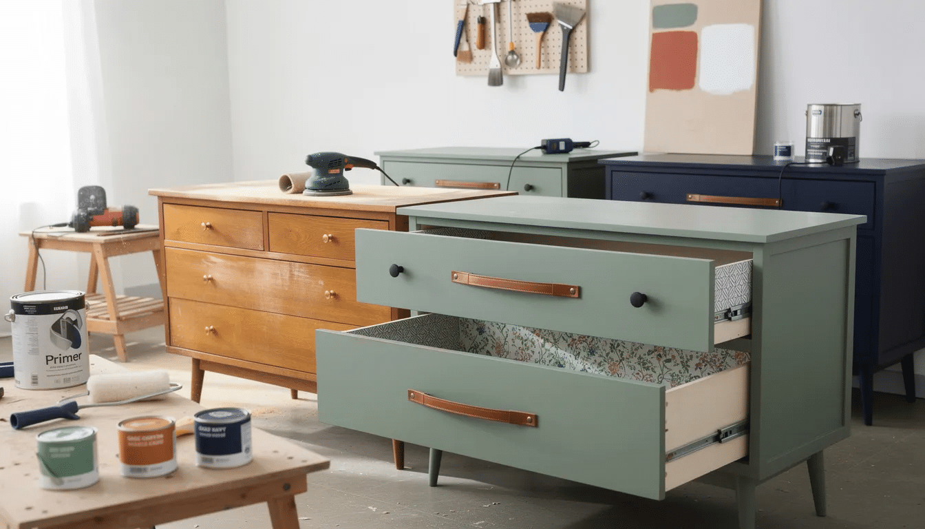 d6d81d25-ef6a-40ab-8fcc-42cf82a10139 An upcycled dresser showcases a modern transformation with a fresh coat of sage green paint and sleek leather pulls, highlighting the creative potential of thrift store decor. The lined drawers reveal a stylish surprise with patterned contact paper, making this piece a chic addition to any home decor.