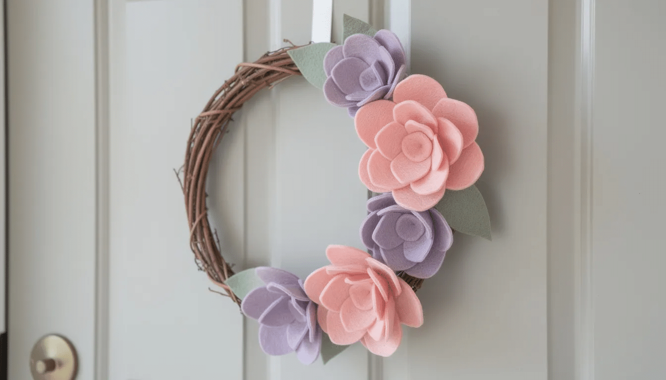d789de82-be39-4ebf-90da-bd631ce4f35c A beautiful handmade front door wreath features layered felt flowers in pastel colors of blush pink, sage green, and soft lavender, clustered on one side of an 18-inch grapevine form. This DIY craft project is a creative way to decorate your home and welcome spring.