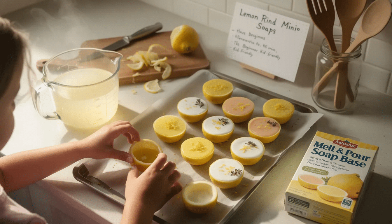 The image features adorable mini soaps made from dried lemon rinds, showcasing a creative upcycling project that transforms old lemon halves into charming bathroom gifts. This beginner-friendly DIY tutorial highlights the fun of reusing materials to create beautiful items for friends and family members.