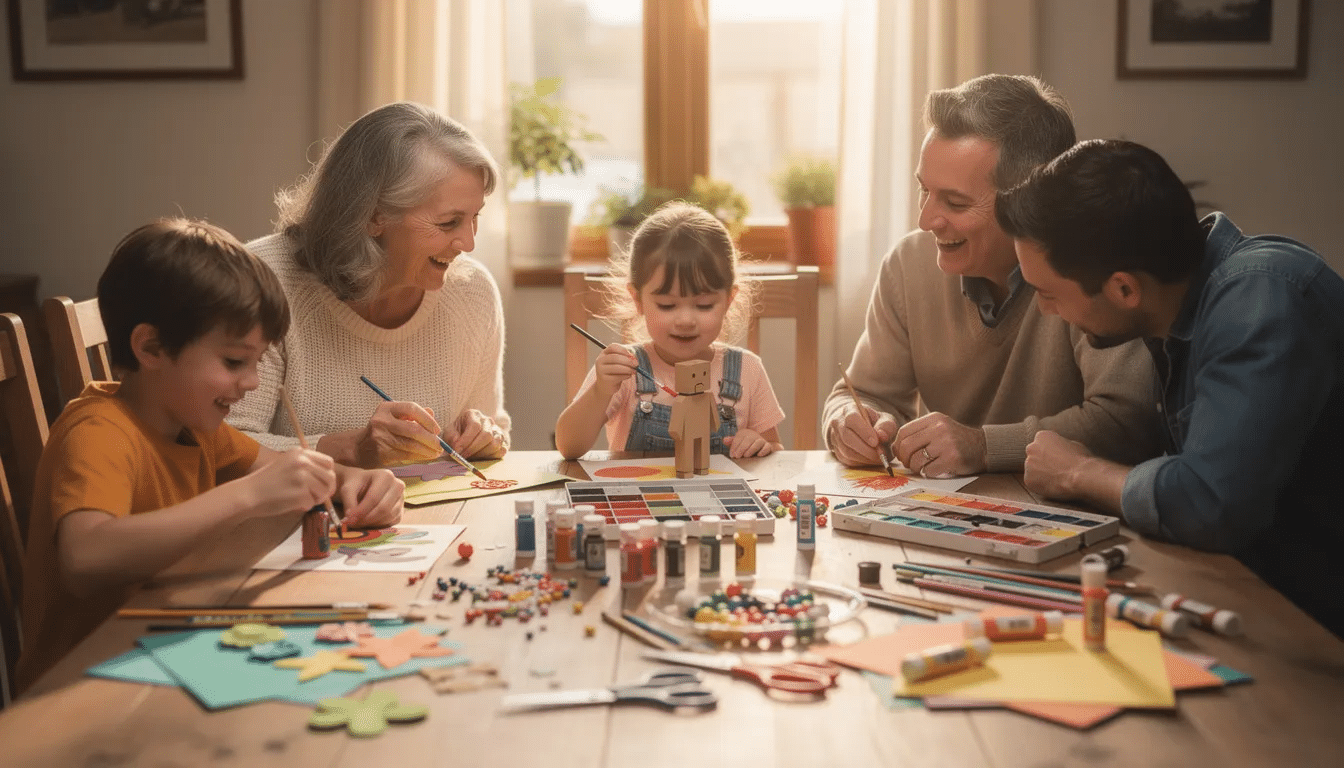 A diverse family, including children and adults, is gathered around a wooden table covered with a variety of colorful craft supplies, such as paint, glue, and stickers, as they joyfully engage in creative projects together. This fun and engaging atmosphere encourages artistic expression and the development of fine motor skills while creating fond memories.