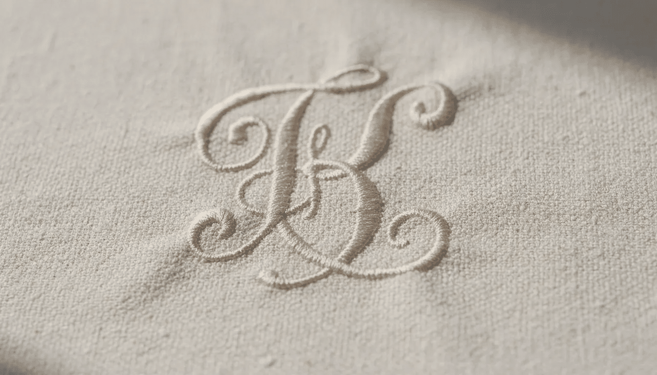 A close-up view showcases intricate hand-stitched monogram embroidery on a cream-colored canvas fabric, highlighting the quality and personalized touch that makes this beach tote a unique accessory for your summer outings. This custom beach bag is perfect for carrying essentials to the pool or beach, adding style and fun to your trips.
