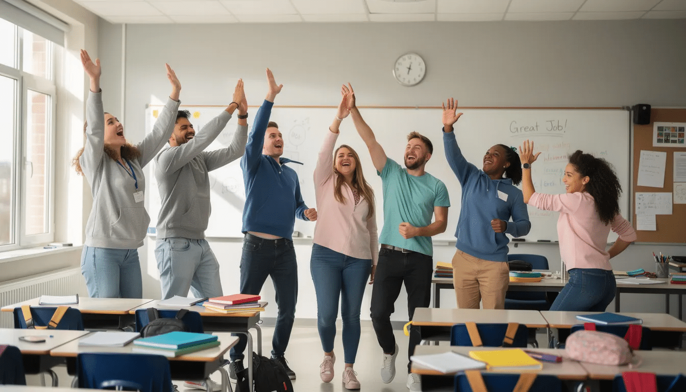 A group of enthusiastic students is high-fiving and celebrating in a vibrant classroom, showcasing their excitement for learning and teamwork. This interactive moment highlights the fun and engagement that comes from educational activities and learning games.