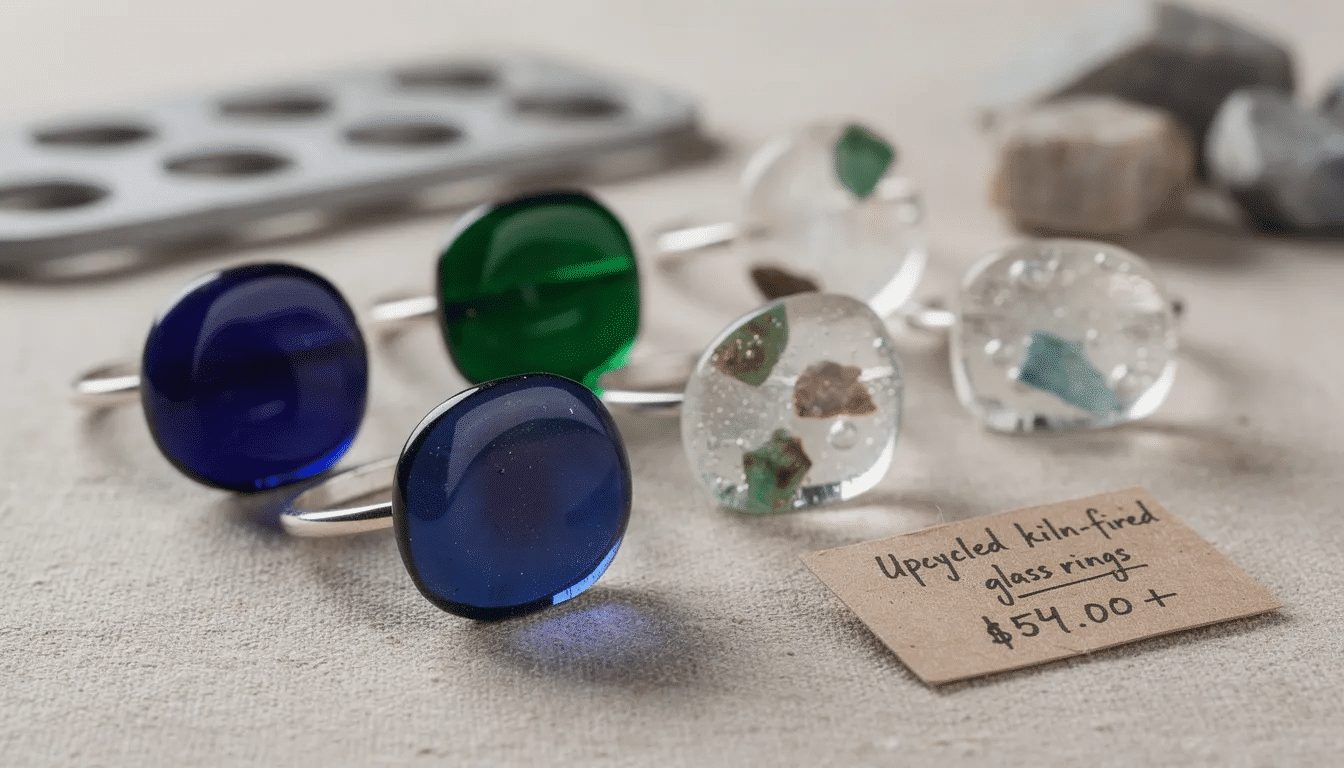 A collection of unique glass rings made from kiln-fired stained glass and bottle shards showcases vibrant colors like cobalt blue, emerald green, and clear glass with natural inclusions. These creative materials highlight the store's mission of sustainability and creative reuse, offering a striking alternative to conventional jewelry while promoting community engagement.