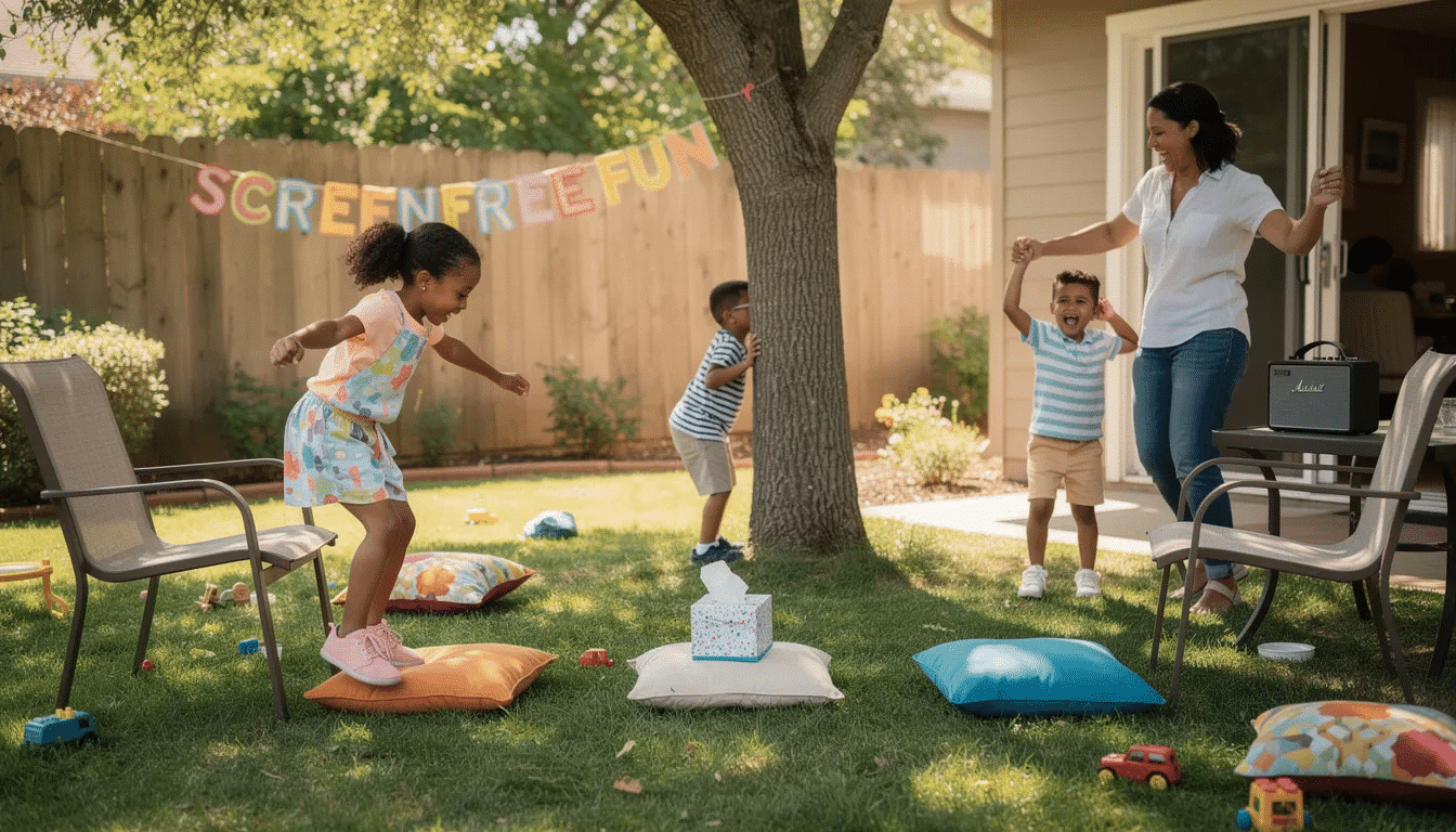 dc752dfc-d93a-45a2-9cab-55a005b2be2a A joyful scene of preschoolers engaging in screen-free activities in a backyard, where they are navigating an obstacle course made of pillows and chairs. The children are laughing and cheering as they jump and crawl, building confidence and developing their fine motor skills while enjoying open-ended play.
