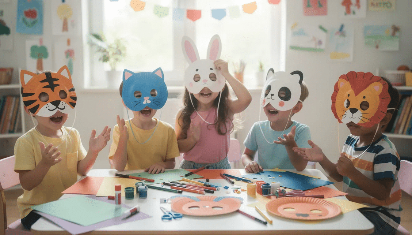 A group of children joyfully wear colorful handmade paper plate animal masks while sitting at a craft table filled with various craft supplies. This fun and creative scene showcases easy crafts that keep kids busy, inspiring them to explore their artistic side with recycled materials.