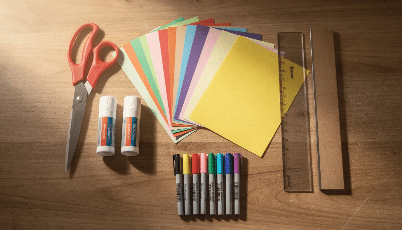 An array of paper crafting tools is displayed on a wooden craft table, including scissors, glue sticks, colorful paper sheets, rulers, and markers, perfect for various paper craft ideas and DIY projects. This organized setup invites creativity and fun for both kids and adults engaging in easy paper crafts.