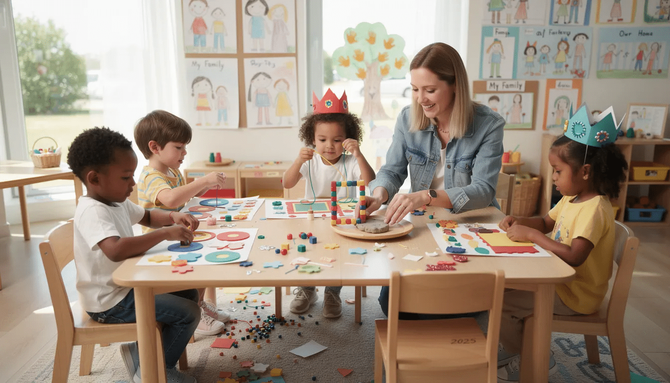 The image showcases a vibrant array of craft kits designed for children ages 3–5, featuring large pieces and no sharp tools. Included are foam sticker collages, giant beads for threading, pre-cut paper crowns for decorating, and handprint keepsake kits with air-dry clay plates, all aimed at fostering creativity and fine motor skills through engaging, fun projects.