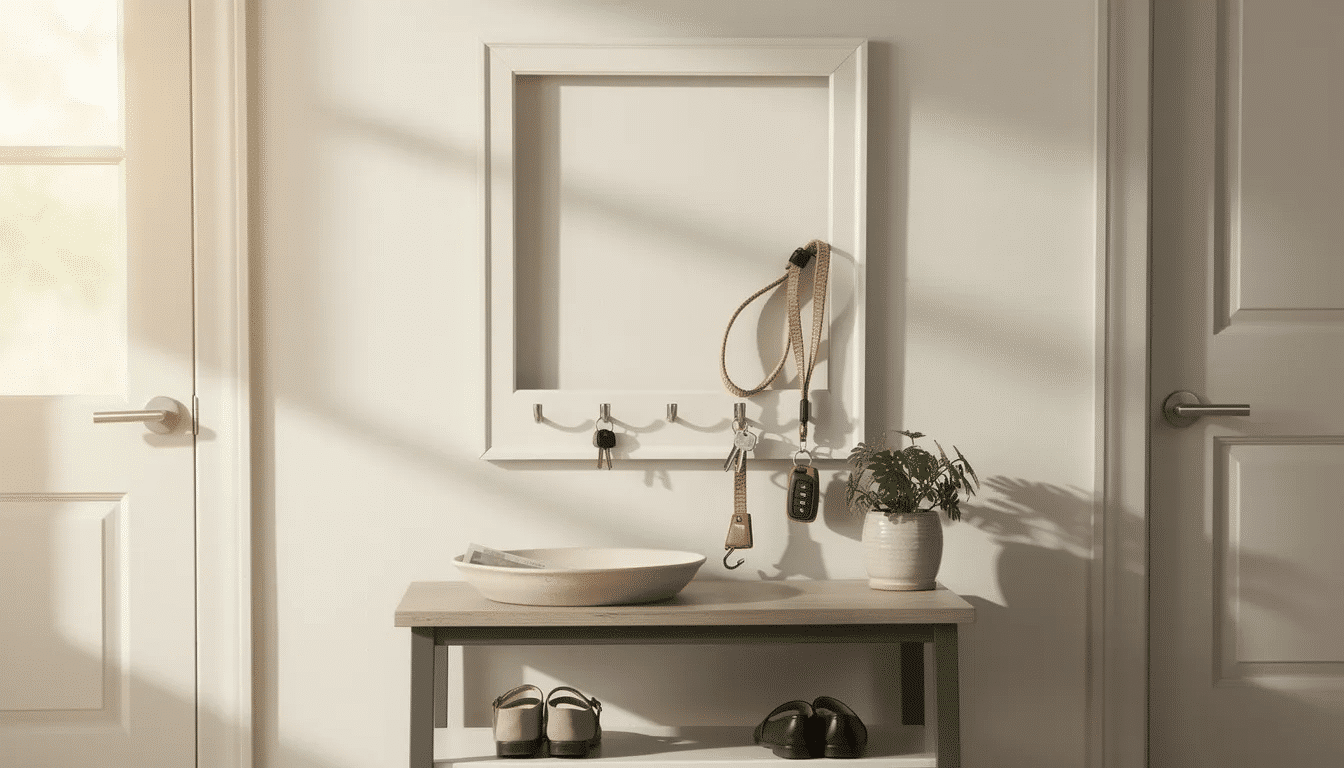 The image depicts a stylish key hanger made from an upcycled 5×7 picture frame, painted in a warm white or charcoal finish. It features 4-5 small cup hooks attached along the bottom rail, providing an organized solution for keys, dog leashes, and lanyards in an entryway, showcasing a creative DIY idea for home decor.