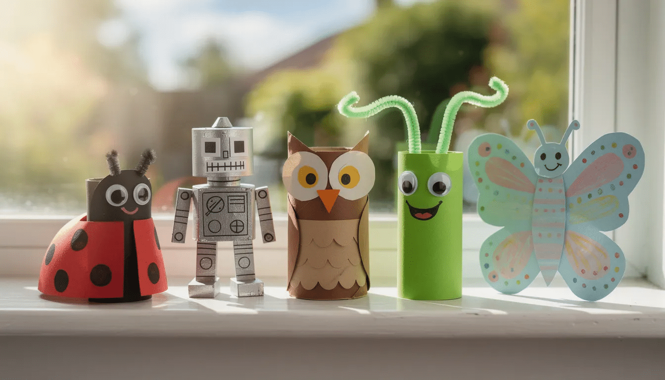 Five colorful toilet roll creatures—a ladybug, robot, owl, alien, and butterfly—are lined up on a sunny windowsill, showcasing fun paper crafts that inspire creativity in kids and adults alike. Each creature is uniquely decorated, adding a vibrant touch to the scene and highlighting easy craft ideas for family projects.