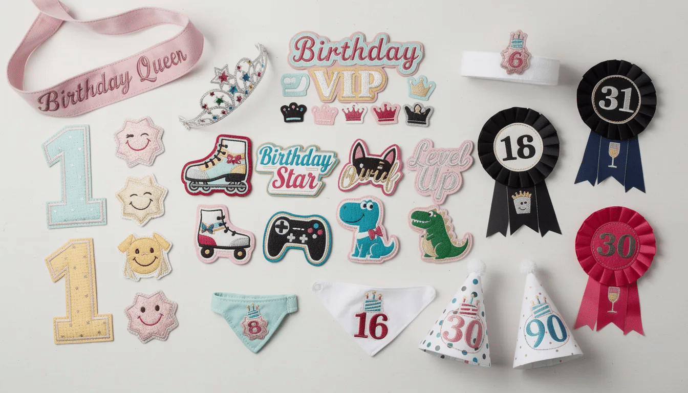 e23cfc1a-f28e-4b12-8a6a-d35b36a366ff A collection of stitched birthday badges showcases designs for various ages and themes, featuring pastel colors for first birthdays, bright multicolor options for kids, and elegant minimalist badges for teens and adults. Each badge is tailored to celebrate the special occasion while incorporating elements like numbers, icons, and coordinating accessories, perfect for creating memorable photo opportunities.
