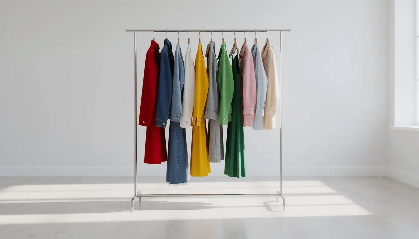 e32e5bcc-b49a-4bba-884c-34d3d5de2e17 The image shows a vibrant clothing rack filled with a variety of colorful garments, including jackets, dresses, and shirts, set in a bright studio space. This collection of upcycled clothing showcases unique fashion ideas and inspires sustainable style choices.