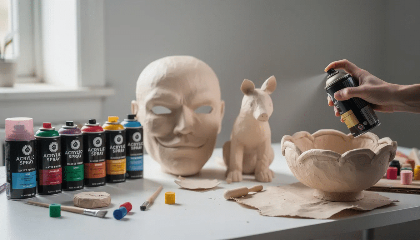 The image showcases various spray paints specifically designed for paper mache projects, highlighting the best quality spray paint options available. It features a range of colors and finishes, including matte and glossy, along with tips for applying light coats and adding details to create stunning sculptures.