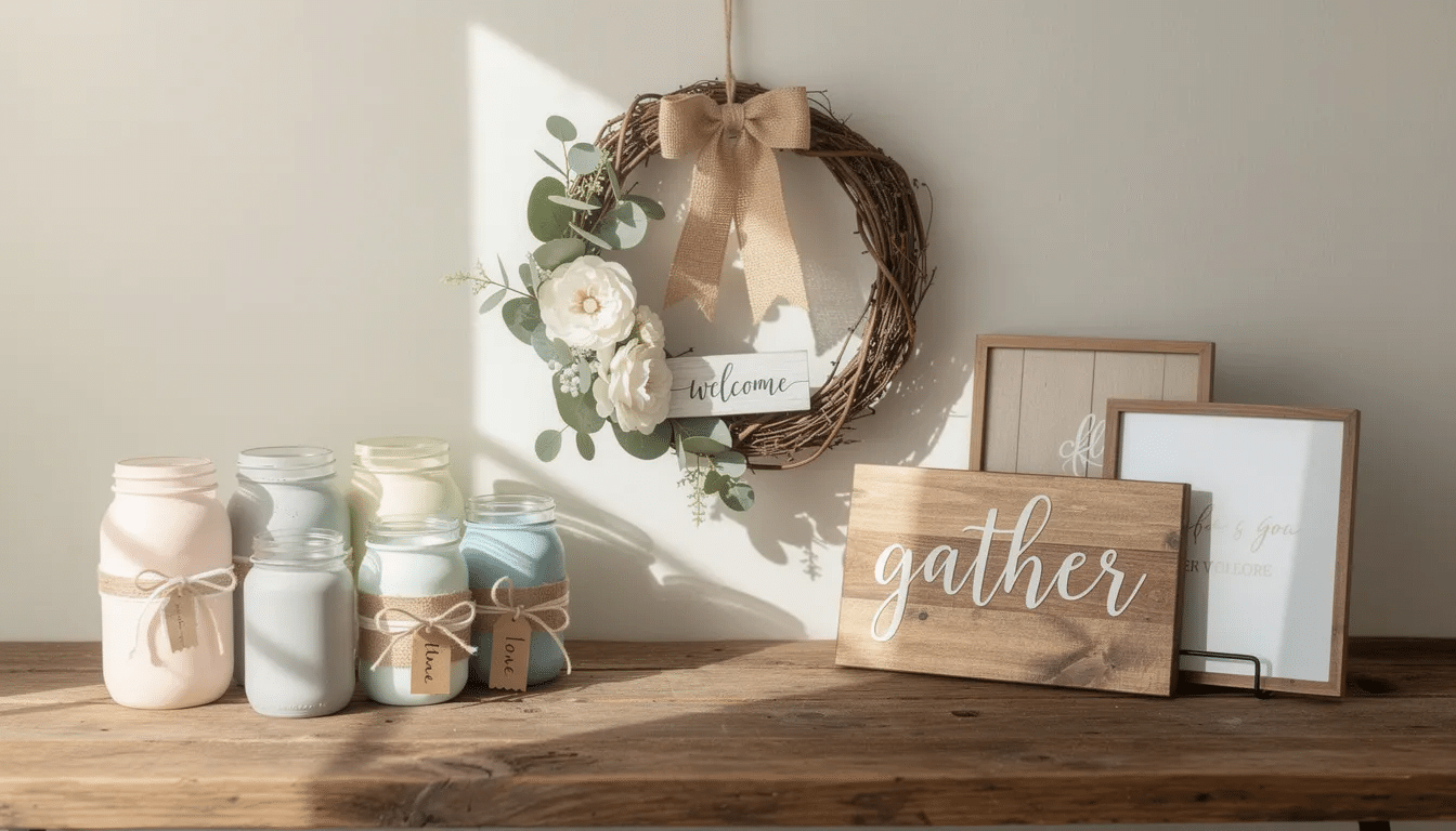 The image showcases a collection of finished DIY home decor items, including vibrantly painted jars, a beautifully crafted wreath, and charming decorative signs, all designed to inspire creativity and provide fun crafting ideas. These items highlight the use of high-quality materials and showcase the imaginative process behind DIY home decor.