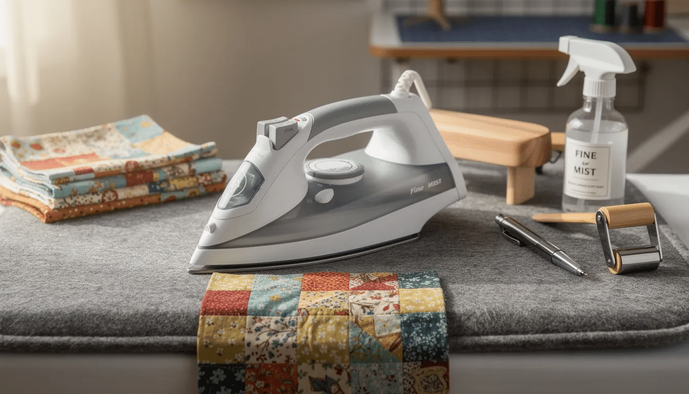 A steam iron is resting on a wool pressing mat, surrounded by various sewing tools and supplies, including fabric, a seam ripper, and measuring tools, creating a well-organized sewing space. This setup highlights essential sewing accessories that enhance the crafting process for projects like quilting and garment making.