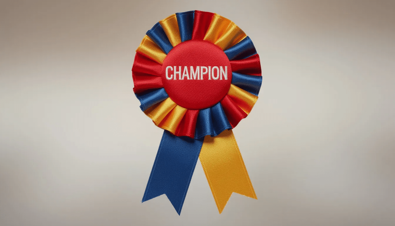 e4adbed3-ae48-468d-a0e4-6e02c1105bfc A close-up of a handmade ribbon rosette badge featuring embroidered text, adorned with flowing ribbon tails in bright colors, perfect for a birthday boy or birthday girl. The vibrant blue and white details make this badge an eye-catching item for celebrating special occasions.