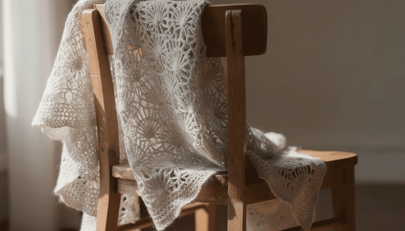 e77b6282-cfca-466d-9921-35acdc0f02c2 A delicate shawl made with thin yarn features an intricate shell stitch pattern, elegantly draped over a wooden chair, showcasing its lightweight and soft texture. This beautiful piece exemplifies the art of crochet, perfect for adding a touch of home decor charm.