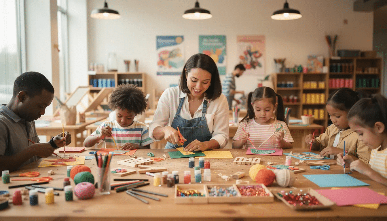 e9a6eaca-871a-49b4-ad16-8c37b55d0e8c A diverse group of adults and children collaborate on various craft projects at a community workshop table, surrounded by an array of craft supplies and reusable materials. This creative space fosters community engagement and creativity, emphasizing the importance of environmental stewardship and sustainable practices through creative reuse.