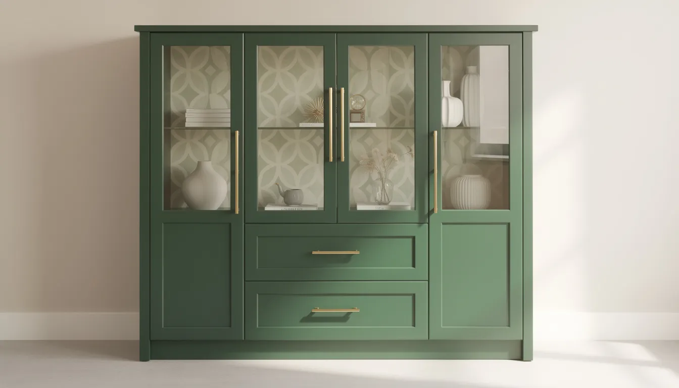e9fb79af-28f4-4e9f-b8ae-694335eca8b1 The image features a freshly painted green cabinet showcasing modern gold hardware, with patterned wallpaper visible through its glass doors, creating a chic decor statement piece. This upcycled cabinet exemplifies how old items can gain new life through creative DIY projects, making it a perfect addition to any home decor.