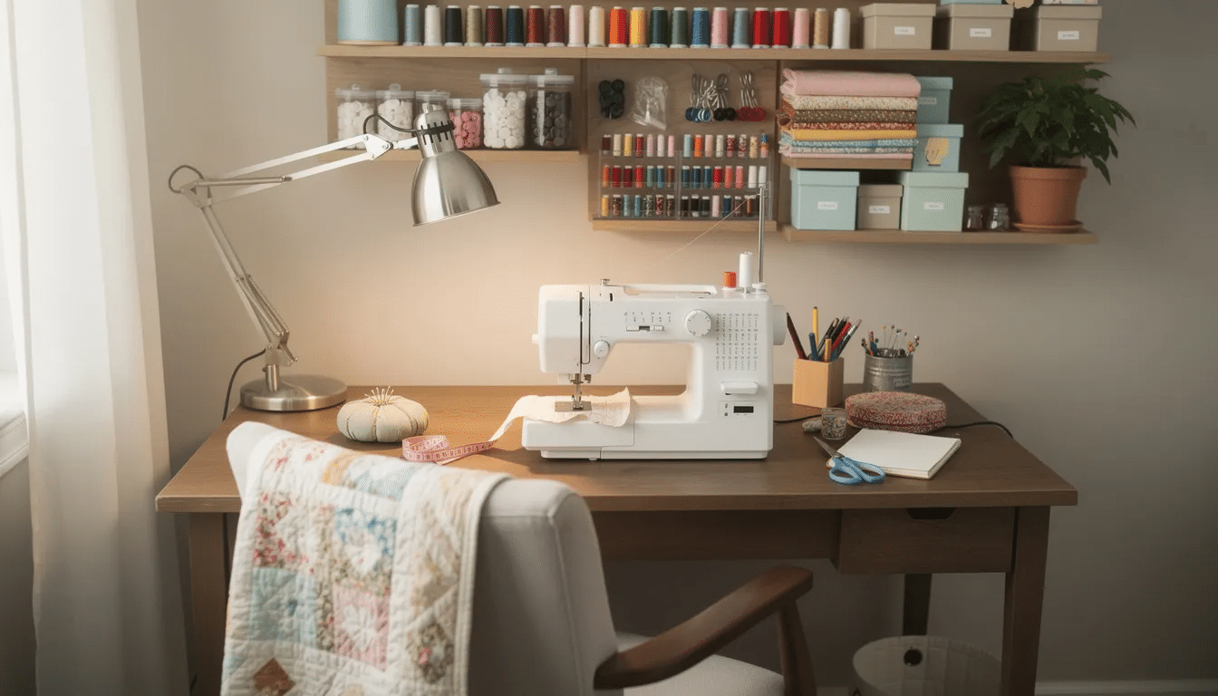 eba44489-8259-42ff-92a1-89198720c259 The image depicts a cozy sewing corner featuring a sewing machine, a task lamp, and neatly organized sewing supplies on shelves, including fabric scissors and sewing needles. This inviting space is perfect for starting sewing projects and showcases essential sewing tools for any sewing journey.