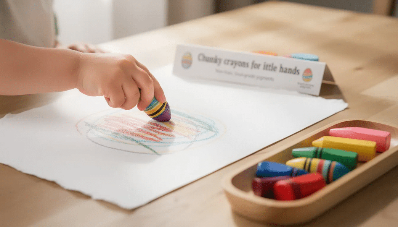 The image features a set of chunky, egg-shaped crayons designed for little hands, showcasing vibrant colors ideal for toddlers. These non-toxic art supplies are perfect for encouraging creativity and fine motor skills in young artists as they explore drawing and creating art.